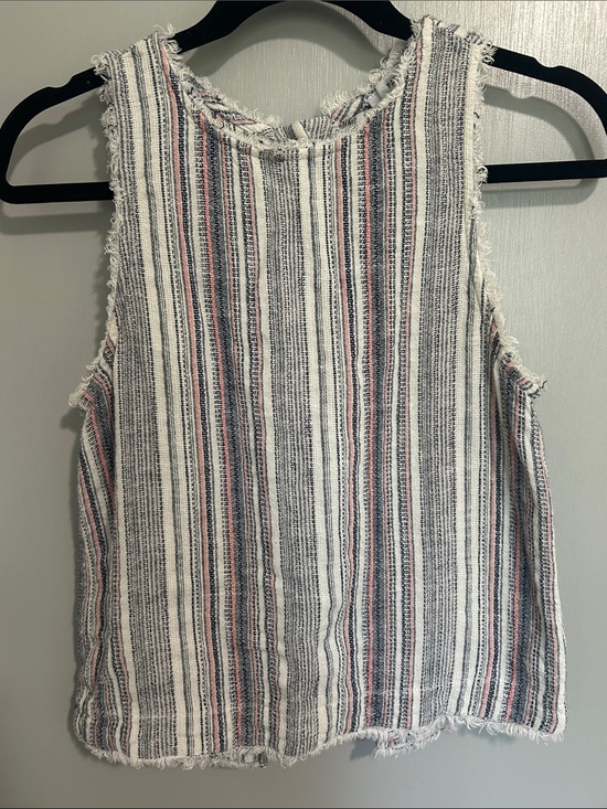 Fate Tops - Fate Striped Frayed-Edge Cotton and Line. Tank Top in White, Navy & Pink